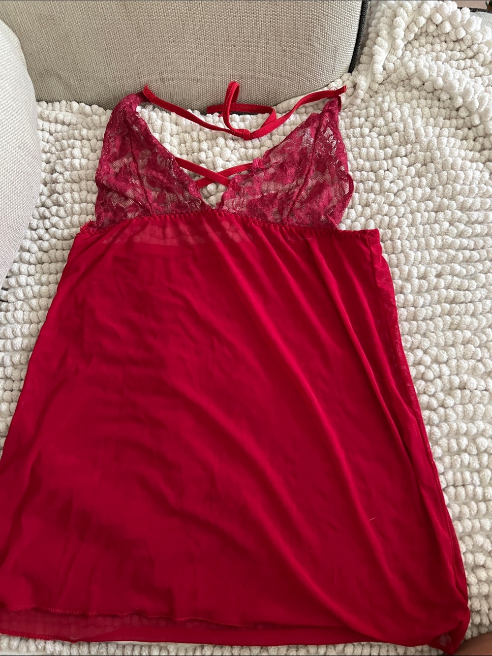 Source Unknown Red Lace Chemise with Sheer Bodice